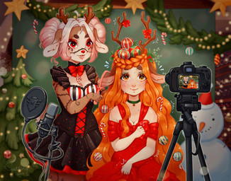 anthro bodily_fluids bow_ribbon braided_hair breasts brown_body brown_fur brush brushing brushing_hair camera candy candy_cane choker christmas_decorations christmas_lights christmas_tree cleavage closed_smile clothed clothing dessert detailed_background dress duo ears_down electronics emanata female flying_sweatdrops food freckled_face freckles fur hair holidays holly_(plant) jewelry light_body light_skin long_ears long_hair microphone mouth_closed multicolored_hair necklace nervous open_mouth open_smile orange_eyes orange_hair ornament personal_grooming pink_hair pivoted_ears plant red_eyes smile snowman styling_hair sweat sweatdrop tree two_tone_hair white_hair katilina_(artist) christmas freya_agalith reina_redhoof animal_humanoid deer deer_humanoid faun humanoid mammal mammal_humanoid satyr absurd_res digital_media_(artwork) hi_res