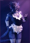 anthro armwear breasts cheek_frill choker clothed clothing female frilly frilly_clothing gem gloves hand_on_leg hand_on_thigh handwear head_spines horn jewelry legwear looking_at_viewer maid_uniform necklace non-mammal_breasts open_mouth pupils purple_light sapphire_(gem) simple_background skimpy slit_pupils solo spiked_tail spikes spikes_(anatomy) standing stockings tail teeth uniform mrcourage616 leguymelef_(modeler) microsoft the_elder_scrolls argonian scalie 3d_(artwork) digital_media_(artwork) hi_res