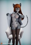 3d_(artwork) absurd_res anthro breasts chair clothed clothing digital_media_(artwork) eyewear felid female furniture genitals glasses hair hi_res legwear mammal momo_(monarquis) monarquis open_clothing open_shirt open_topwear pantherine pubes pussy red_hair shirt simple_background snow_leopard solo stockings topwear