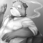 anthro belly biped clothing humanoid_hands kemono male overweight overweight_anthro overweight_male shirt smoking solo topwear emufu canid canine canis domestic_dog mammal 1:1 2014 monochrome