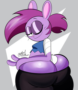 anthro big_butt black_bottomwear black_clothing black_eyes black_shorts blue_clothing blue_shirt blue_topwear bottomwear butt butt_cleavage butt_focus clothing crop_top eyelashes female fur gesture hair hand_gesture huge_butt looking_at_viewer one_eye_closed purple_body purple_fur purple_hair shirt shorts solo spats topwear v_sign whiskers wink winking_at_viewer needarefill77 cartoon_network ok_k.o.!_let's_be_heroes bunny_enid enid_(ok_k.o.!_lbh) lagomorph leporid mammal rabbit absurd_res hi_res