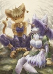 anthro bell chest_tuft duo ear_piercing feathered_wings feathers female fur horn piercing tail tuft wings eixin legend_of_mana mana_(series) square_enix daena sierra_(mana) canid canine domestic_cat felid feline felis mammal hi_res