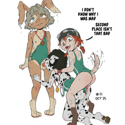 adolescent adolescent_on_adolescent anal anal_penetration anthro anus balls bent_over black_body black_ears black_fur black_hair black_toe_claws brown_body brown_ears brown_fur brown_pawpads buckteeth butt claws clothed clothing crossdressing dialogue digitigrade erection eyes_closed eyewear eyewear_on_head feet fellatio femboy femboy/femboy fur genitals goggles goggles_on_head gold_medal green_clothing green_eyes grey_clothing grey_hair group group_sex hair half-closed_eyes hand_on_leg hand_on_shoulder headgear headwear heterochromia josou_seme kneeling long_ears looking_at_viewer looking_pleasured male male/male male_penetrated male_penetrating male_penetrating_male markings medal motion_lines multicolored_body multicolored_clothing multicolored_ears multicolored_fur narrowed_eyes nipples one-piece_swimsuit open_mouth oral oral_penetration pawpads penetration penile penile_penetration penis penis_in_ass pink_nipples rear_view red_hair sex silver_medal simple_background small_balls small_penis smile spitroast spots spotted_body standing swimming_cap swimming_goggles swimwear swimwear_down tail tail_motion tailwag talking_to_viewer tan_body tan_fur tan_tail teeth text thick_thighs three-quarter_view threesome toe_claws toes tongue trio two_tone_body two_tone_clothing two_tone_ears two_tone_fur wet wet_body white_body white_ears white_fur young young_anthro young_male young_on_young gogogrey inktober canid canine canis dalmatian domestic_dog hare lagomorph leporid mammal 1:1 2025 digital_media_(artwork) english_text hi_res herm_(lore)