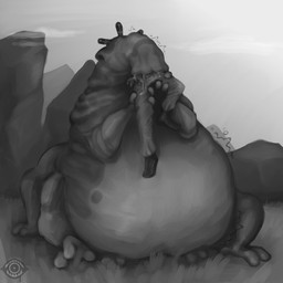 3_eyes ambiguous/ambiguous ambiguous_gender belly big_belly bodily_fluids drooling duo human_prey landscape multi_eye oral_vore outside overweight proboscis_(anatomy) saliva size_difference struggling struggling_prey trunk_(anatomy) unwilling_prey vore analog_vorer alien human mammal monster 1:1 black_and_white hi_res monochrome