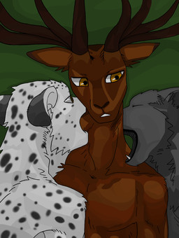 anthro antlers bite brown_body brown_eyes brown_fur eyes_closed fur grey_body grey_fur group horn male male/male neck_bite nude open_mouth teeth trio lackydayz canid canine canis deer felid mammal pantherine snow_leopard wolf digital_media_(artwork) hi_res