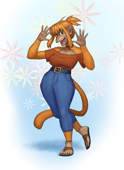 5_fingers 5_toes anthro belt bottomwear choker clothed clothing denim denim_bottomwear denim_clothing ear_piercing ear_ring fangs feet female fingers footwear fully_clothed fur jeans jewelry looking_at_viewer necklace open_mouth orange_body orange_fur pants piercing ring_piercing sandals shirt shoes solo t-shirt teeth toes topwear redustheriotact gina_(@ammedvhs) haplorhine mammal monkey primate 2022 hi_res