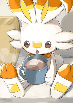 anthro beverage biped blush buckteeth candy chocolate container cup dessert food fur hot_chocolate mug open_mouth orange_body orange_fur pillow sitting solo surprised teeth white_body white_fur yellow_inner_ear nintendo pokemon generation_8_pokemon pokemon_(species) scorbunny dodger_(disambiguation) 2024 hi_res