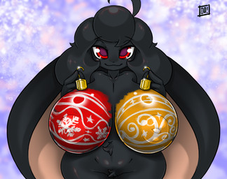 ahoge anthro big_breasts black_body black_fur black_hair black_nose breasts female floppy_ears front_view fur hair holidays huge_breasts huge_ears inverted_nipples looking_at_viewer lop_ears nipple_outline nipples nude paint_on_breasts red_eyes smile solo thick_thighs wide_hips do!_games bunny_hunter_(do!_games) christmas yin_(bunny_hunter) lagomorph leporid mammal rabbit