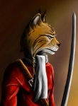 anthro braided_hair clothed clothing gradient_background hair male melee_weapon simple_background solo sword weapon yellow_eyes atinka8 roch_(character) felid feline lynx mammal half-length_portrait portrait