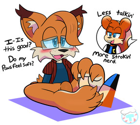 anthro blue_clothing blue_eyes blue_shirt blue_topwear blush bottomless brown_body brown_fur claws clothed clothing duo eyewear fangs feet flaccid foot_fetish foot_play footjob fur genitals glasses jacket letterman_jacket male male/male nerd open_clothing open_shirt open_topwear paws penile penis red_clothing red_shirt red_topwear sex shirt shirt_only simple_background sitting teeth text topwear topwear_only white_background mintytempest bubsy_(series) conker's_bad_fur_day rareware bubsy_bobcat conker bobcat felid feline lynx mammal rodent sciurid tree_squirrel absurd_res english_text hi_res