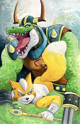 anal anal_penetration anthro armor bottomless bottomless_male butt clothed clothing duo fur green_body green_eyes headgear helmet interspecies krystal's_staff lying male male/male male_penetrated male_penetrating male_penetrating_male on_front orange_body orange_fur penetration pinned pinned_to_ground red_sclera sex sharp_teeth size_difference staff tail teeth tongue yellow_eyes ulala_ko nintendo star_fox fox_mccloud general_scales canid canine fox mammal scalie sharpclaw_(star_fox) hi_res painting_(artwork) traditional_media_(artwork) traditional_painting_(artwork) traditional_watercolor_(artwork) watercolor_(artwork)