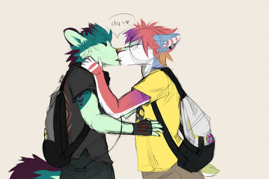anthro backpack clothed clothing duo eyes_closed heart_symbol kissing male male/male simple_background standing dannoitanart canid canine mammal sketch
