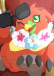anthro beak claws eyewear feathers feet green_eyes lei male one_eye_closed orange_body orange_feathers smile solo sunglasses talons toes wink mofumi_corvus bandai_namco digimon avian digimon_(species) muchomon absurd_res hi_res