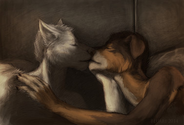 anthro bed black_nose cuddling duo eyes_closed foreplay furniture kissing love male male/male realistic romantic romantic_couple tasteful bluari arctic_wolf australian_shepherd canid canine canis domestic_dog herding_dog mammal pastoral_dog sheepdog wolf