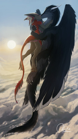anthro cloud duo feral flying kiss_on_lips kissing male male/male romantic sky sun aiko_stable mythology avali dragon mythological_creature mythological_scalie scalie absurd_res hi_res