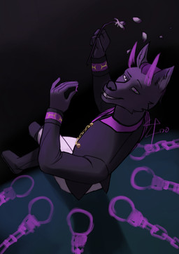 anthro aura bottomwear chain clothing cuff_(restraint) dark_magic formal_clothing formal_wear fur glowing glowing_eyes glowing_horn gold_(metal) gold_chain hair handcuffs high-angle_view horn key male metal_cuffs pants purple_body purple_fur purple_hair restraints sitting smile solo white_bottomwear white_clothing white_pants wilted_plant lino_ttarius canid canine canis demon fox hybrid mammal absurd_res hi_res signature
