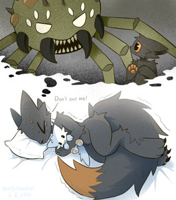 6_legs ambiguous_gender angry anthro black_body black_claws black_fur bodily_fluids claws dipstick_tail dream duo eyes_closed feral fur green_body grey_background hug hugging_object hugging_plushie impending_doom lying markings on_side orange_body orange_eyes orange_fur orange_pawpads orange_sclera orange_tail_tip pawpads paws pillow plushie scared sharp_teeth simple_background sleeping sweat tail tail_markings tears teeth teeth_showing text thought_bubble white_background moonbeam_(artist) casualties:_unknown arachnid arthropod canid canine elder_thornback_(casualities:_unknown) expie_(gunsawian) fox gunsawian hybrid mammal monster murid murine rat rodent spider 2026 digital_drawing_(artwork) digital_media_(artwork) english_text hi_res