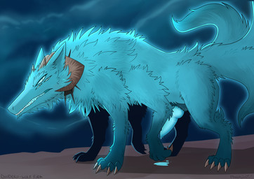 blue_body blue_cum blue_eyes blue_fur blue_penis bodily_fluids claws collar colored_cum cum detailed_background dripping feral fur genital_fluids genitals horn knot knotted_penis looking_at_viewer male male_feral multi_limb multi_tail penis precum precum_drip precum_on_ground solo spiked_collar spikes tail unusual_bodily_fluids unusual_cum unusual_genital_fluids pankallisti duodeko_(pankallisti) canid canine canis mammal monster wolf hi_res