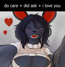 anthro black_body black_fur black_hair blush breasts caption eyes_closed female fur hair hands_on_viewer heart_symbol i_love_you open_mouth reaching_towards_viewer smile solo text karr_(artist) mir_(swiwwel) canid canine mammal english_text hi_res meme
