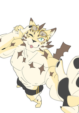 anthro eyewear fur green_eyes high-angle_view male markings muscular muscular_anthro muscular_male one_eye_closed pawpads pecs solo spots spotted_body spotted_fur sunglasses wink ruentn lifewonders tokyo_afterschool_summoners ose_(tas) felid leopard mammal pantherine hi_res