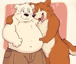 anthro belly bottomwear bulge clothing duo heart_symbol hug humanoid_hands kemono male pants question_mark simple_background slightly_chubby naru_papi bear canid canine canis domestic_dog mammal polar_bear ursine 2024