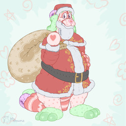 abdl anthro beard belly belt belt_buckle big_belly big_tail blue_background brown_diaper buckle christmas_clothing christmas_headwear clean_diaper clothing constellation_markings costume diaper diaper_tape facial_hair feet flower_symbol green_diaper green_ears green_feet hand_on_belly hat headgear headwear heart_symbol holidays leaf_symbol looking_at_viewer male markings pink_body pink_diaper pink_paws present_sack present_symbol purple_diaper red_clothing robe santa_costume santa_hat simple_background snowflake_symbol solo star_symbol tail white_diaper monocerus christmas pad_(monocerus) animate_inanimate diaper_creature 1:1 absurd_res hi_res