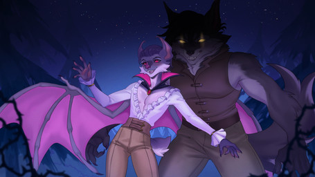 accessory anthro arm_tuft bared_teeth bat_wings behind_another bottomwear bracelet broad_shoulders cheek_tuft clothed clothing collar creepy detailed_background duo ear_tuft elbow_tuft evil_grin facial_tuft fangs fantasy fluffy fluffy_tail forest forest_background frilly frilly_clothing fur glowing glowing_eyes good_and_evil grey_body grey_fur grin hair jewelry larger_male leather leather_bottomwear leather_clothing leather_pants light looking_at_viewer male male/male male_focus medieval medieval_clothing membrane_(anatomy) membranous_wings moonlight muscular muscular_male neck_tuft night open_mouth pants plant protective purple_hair raised_arm red_eyes shadow size_difference sleeveless_shirt slim smile standing star stocky tail tail_tuft teeth tree tuft tufted_fur white_body white_fur wings yellow_eyes lorliz dungeons_and_furries furlough_games oleg_(furlough_games) sangrae_(furlough_games) bat canid canine canis mammal wolf digital_drawing_(artwork) digital_media_(artwork) digital_painting_(artwork) hi_res painting_(artwork)