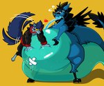 anthro belly belly_expansion big_belly black_hair blue_blush blue_body blue_fur blush blush_lines expansion fur glistening glistening_belly hair hand_on_belly heart_symbol huge_belly hyper hyper_belly inflation liquid_inflation male morbidly_obese motion_lines obese overweight purple_body purple_fur purple_hair shadow simple_background tail tail_motion tailwag tape water water_inflation yellow_background yellow_sclera argentite mythology argentite_(character) puku canid canine canis dragon mammal mythological_creature mythological_scalie scalie wolf 2025 absurd_res hi_res