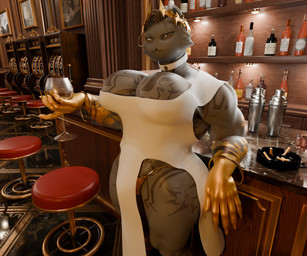 5_fingers alcohol_bottle anthro arm_tattoo ashtray beverage_bottle big_butt black_body black_fur black_hair blind_eye bottle bracelet breasts butt cheek_tuft chest_tattoo claws clothed clothing collar container crossdressing dress ear_piercing ear_ring eye_scar facial_scar facial_tuft fingers fur gold_(metal) gold_bracelet gold_ear_ring gold_jewelry hair half-closed_eyes holding_glass holding_object jewelry leg_tattoo male moon mouth_closed muscular muscular_anthro muscular_male narrowed_eyes neck_tattoo piercing ring_piercing scar solo standing tattoo thick_thighs thong tuft underwear white_clothing white_dress yellow_claws yellow_clothing yellow_thong yellow_underwear sour_guy0 camseven_(modeler) epic_games fortnite meowdas domestic_cat felid feline felis mammal 2026 3d_(artwork) digital_media_(artwork) english_description hi_res