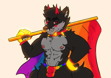 anthro bikini_thong bracelet clothing facial_piercing gloves handwear horn jewelry lgbt_pride male nipple_piercing nipples nose_piercing piercing pride_color_clothing pride_color_flag pride_colors solo spiked_bracelet spikes swimwear thong underwear mrdarknesswolf dantalos canid canine canis demon hybrid mammal wolf hi_res