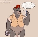 anthro belly cellphone clothing dialogue electronics genitals hat headgear headwear male overweight overweight_male penis phone shirt smartphone solo text topwear thebeart the_jungle_book baloo bear mammal sloth_bear ursine 2022 absurd_res english_text hi_res