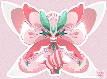 antennae_(anatomy) anthro blush eyelashes female forehead_gem front_view gem looking_at_viewer open_mouth pink_body pink_sclera red_eyes solo text weepinbelly nintendo pokemon arthropod generation_7_pokemon lurantis pokemon_(species)