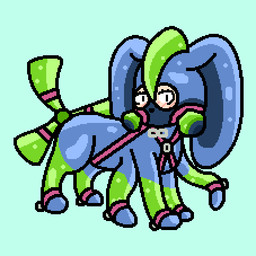 blue_body blue_ears blush blush_lines feral green_body green_tail harness long_ears multi_limb multicolored_ears pink_harness solo tail two_tone_ears trooper3 fakemon rubbermon fakeveelution mutateon 1:1 2024 low_res