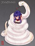 blue_hair blush breasts cleavage clenched_teeth clothed clothing coiling female female_on_feral feral forked_tongue hair hair_between_eyes oversized_animal red_eyes sidelocks snake_bondage teeth tongue ooshio7734 human mammal reptile scalie snake