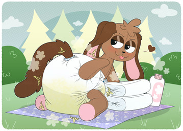 anthro baby_powder bedding big_diaper blanket blue_blanket blush bodily_fluids brown_body brown_fur brown_heart clean_diaper clothed clothing cloud diaper diaper_fetish diaper_only diaper_squish evergreen_tree flirting flirting_with_viewer fur genital_fluids grass half-closed_eyes hand_on_diaper head_tuft heart_eyes heart_symbol huge_diaper looking_at_viewer looking_back male narrowed_eyes pine_tree plant plushie presenting presenting_diaper public_diaper_use shrub sky skyscape solo stitch_(sewing) tongue tongue_out topless touching_diaper tree tuft unclean_diaper urine used_diaper using_diaper wearing_diaper wet_diaper white_diaper tenerius floppy_(hypnotoyskylar) animate_inanimate domestic_cat felid feline felis hybrid lagomorph leporid living_plushie mammal rabbit absurd_res hi_res shaded