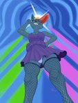 anthro breasts clothed clothing female fishnet_clothing fishnet_legwear legwear looking_at_viewer low-angle_view pokemorph red_eyes sharp_teeth smile solo teeth underwear worm's-eye_view winteranswer nintendo pokemon generation_2_pokemon pokemon_(species) sneasel 3:4 absurd_res hi_res