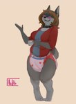 4_breasts anthro breasts brown_hair clean_diaper clothed clothing collar container cup diaper eyewear female fur glasses grey_body grey_fur hair holding_container holding_cup holding_object multi_breast nervous orange_background pantsless shirt simple_background solo standing tea_cup topwear wearing_diaper wob canid canine canis domestic_dog husky mammal nordic_sled_dog spitz 2019 full-length_portrait hi_res portrait