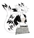 anthro belt black_belt black_body black_clothing black_feathers black_jacket black_topwear bottomwear breasts cleavage clothed clothing feathered_wings feathers female fully_clothed grey_bottomwear grey_clothing grey_pants hair jacket navel pants simple_background solo standing tail tail_tuft topwear tuft white_background white_body white_feathers white_hair white_tail white_wings wings thorn_paw mythology dragon feathered_dragon feathered_scalie mythological_creature mythological_scalie scalie 2024 hi_res portrait three-quarter_portrait