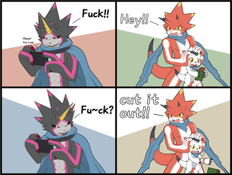 angry anthro black_body black_sclera dialogue group horn humor male profanity red_body text trio white_body young tmdduq6918 bandai_namco digimon betelgammamon digimon_(species) gammamon gulusgammamon scalie comic english_text hi_res