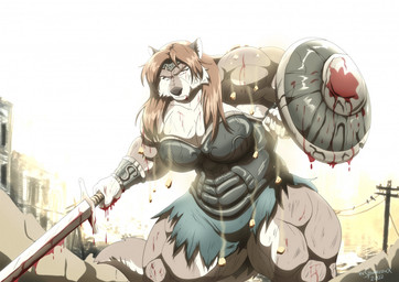 anthro armor big_breasts big_muscles blood bodily_fluids bottomwear bracers breasts brown_hair building clothing crown female fur hair headgear huge_muscles hyper hyper_muscles melee_weapon multicolored_body multicolored_fur muscular muscular_anthro muscular_female shield solo sword text tiara topwear two_tone_body two_tone_fur utility_pole weapon xxsparcoxx colosa_(xxsparcoxx) canid canine canis mammal wolf 2022 artist_name digital_media_(artwork)