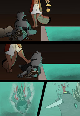 ambiguous_gender anthro blood blood_in_water bodily_fluids bottomwear cargo_pants clothing crop_top duo fangs female lamp male pants sabertooth_(anatomy) shirt swimming_pool teeth topwear trichternet rhea_(trichternet) ailurid mammal red_panda sabertooth_feline comic hi_res