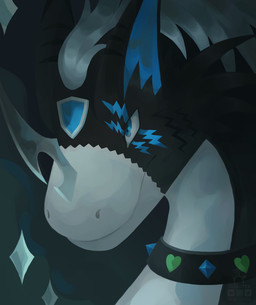 black_body blue_eyes cheek_tuft collar facial_tuft feral fluffy fluffy_ears fur hair lightning_bolt_(marking) male markings multicolored_body multicolored_fur night solo star tuft white_body white_hair ocelotka bandai_namco digimon mythology digimon_(species) dorugreymon dragon furred_dragon furred_scalie mythological_creature mythological_scalie scalie x-digimon