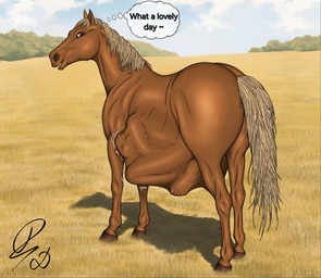 after_vore ambiguous_gender belly big_belly brown_belly brown_body brown_butt brown_ears brown_eyes brown_legs butt dialogue duo feral feral_pred grass hair human_prey looking_back plant tail text vore white_hair white_tail dragonczech equid equine horse human mammal 2024 english_text hi_res watermark