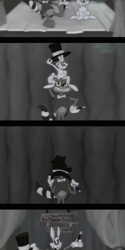 anthro bow_tie buckteeth clothing curtains duo eyewear featureless_crotch glasses gloves handwear hat headgear headswap headwear holding_object holding_top_hat holding_wand male on_one_leg smile stage standing tail teeth text toony top_hat transformation wand white_body white_clothing white_gloves white_handwear larathelabrat ness_(larathelabrat) lagomorph leporid mammal procyonid rabbit raccoon 2022 absurd_res black_and_white comic digital_media_(artwork) english_text hi_res letterbox monochrome