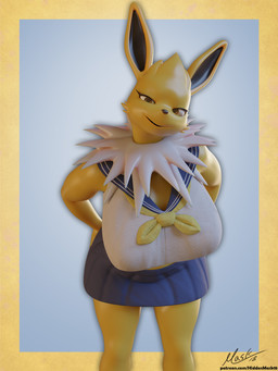anthro anthrofied big_breasts bottomwear breasts clothed clothing female pokemorph school_uniform skirt smile solo text uniform hiddenmask18 nintendo pokemon eeveelution generation_1_pokemon jolteon pokemon_(species) 3d_(artwork) blender_(artwork) digital_media_(artwork) hi_res url