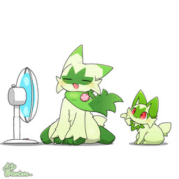 ambiguous_gender anthro blush claws duo fan_(object) fangs feral finger_claws fur green_body green_fur musical_note musical_symbol pawpads pink_pawpads red_eyes simple_background symbol teeth text white_background tontaro game_freak nintendo pokemon felid feline floragato generation_9_pokemon mammal pokemon_(species) sprigatito 1:1 animated animated_gif artist_name short_playtime
