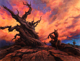 anthro biped brown_body brown_fur brown_sclera detailed_background fur looking_at_viewer male nude outside plant pose scenery sitting sky solo sunset tree wasteland kenket canid canine canis coyote mammal 2015 traditional_media_(artwork)