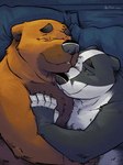 anthro bed black_body black_fur black_nose brown_body brown_fur cuddling duo eyes_closed fur furniture hug humanoid_hands lying male male/male overweight overweight_male white_body white_fur k-9 barry_the_pizza_bear badger bear mammal mustelid musteline 2022 hi_res