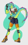 anthro athletic athletic_male bandolier black_clothing blep bottomwear butt butt_pose clothed clothed_anthro clothed_male clothing crop_top exposure_variation fanny_pack fingerless_gloves footwear gloves green_body hand_on_face handwear knee_pads looking_at_viewer looking_back looking_back_at_viewer male orange_clothing orange_footwear plantigrade pose raised_heel ripped_sleeves scales shirt shoes shorts simple_background smile smiling_at_viewer solo tail tongue tongue_out topwear torn_clothing torn_shirt torn_topwear white_clothing krowbutt epic_games fortnite lizzik_(fortnite) lizard reptile scalie 5:8 digital_media_(artwork) hi_res