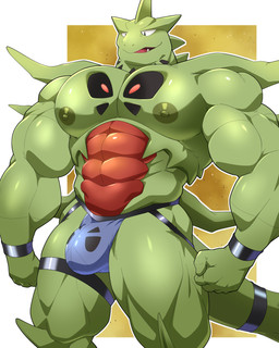 abs anthro barazoku big_muscles big_pecs bulge clothed clothing erect_nipples green_body jockstrap jockstrap_only male muscular muscular_anthro muscular_male nipples pecs sharp_teeth simple_background solo tail teeth topless underwear underwear_only white_background maldu nintendo pokemon generation_2_pokemon generation_6_pokemon mega_evolution mega_tyranitar pokemon_(species) pupitar 4:5 absurd_res hi_res